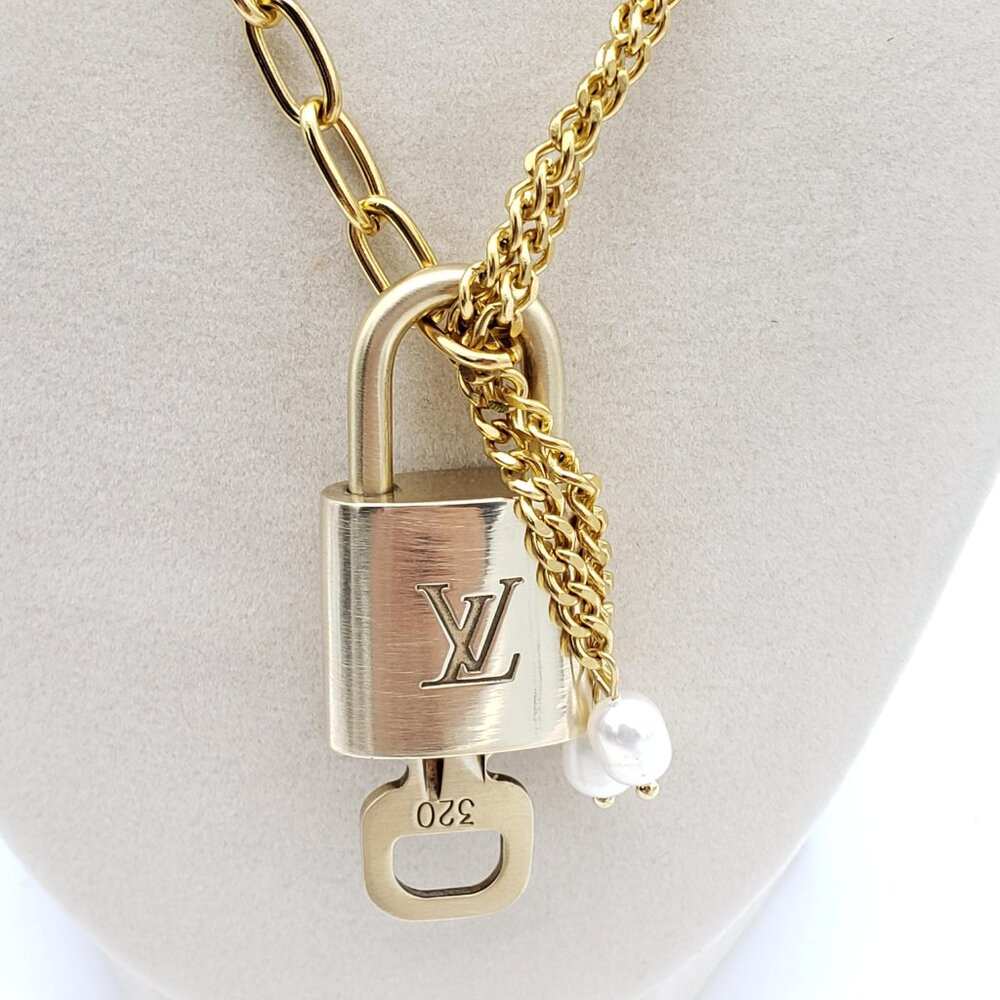 Double Chain Necklace with Authentic Louis Vuitton Padlock Pendant & Fresh Pearl - Picture 7 of 13